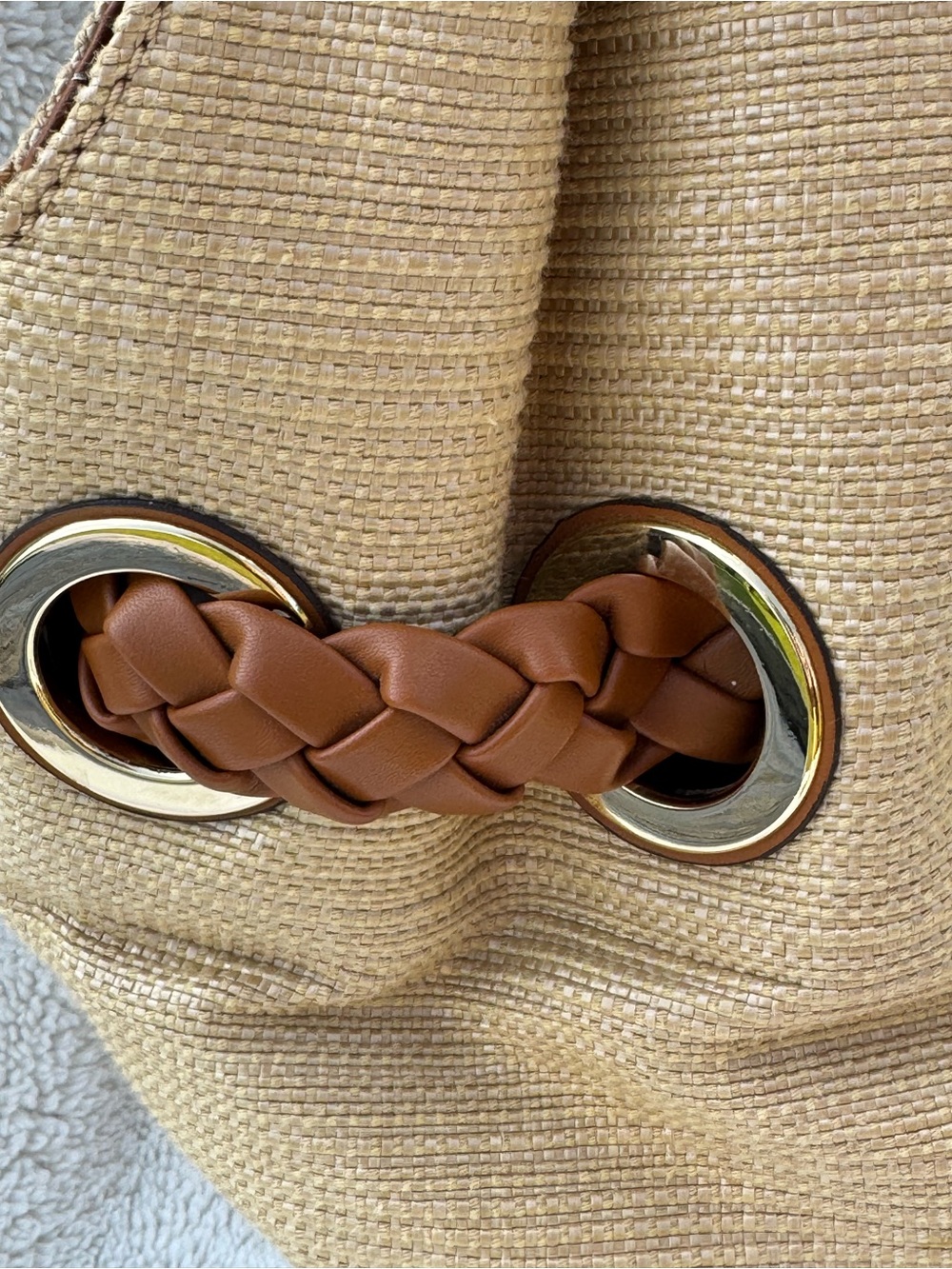 Michael Kors Large Woven Straw Hobo Bag Braided Leather Strap Grommet Tassel Nat - Picture 9 of 16